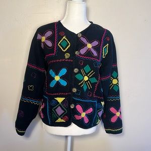 Vintage New Directions Black Applique Cotton Jacket Medium